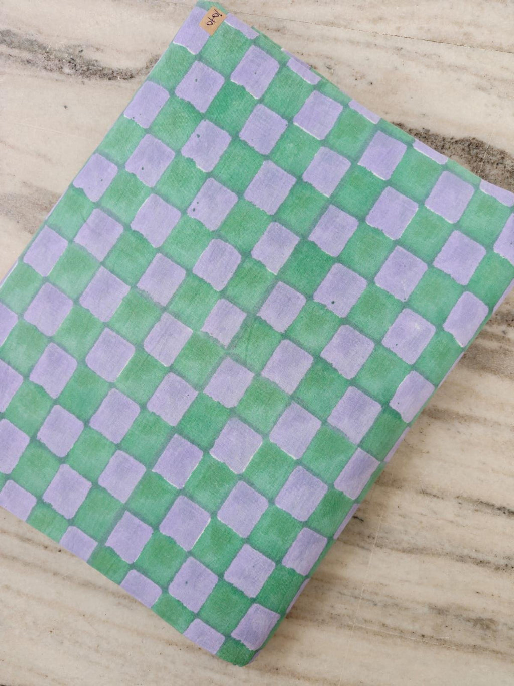 Pastel Green Lavender Cotton Fabric, Checkered Block Print Fabric, Hand Printed Indian Cotton Textile, Sewing & Quilting Loose Fabric
