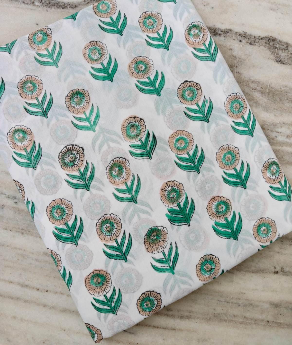 Floral Cotton Fabric, Green Flower Print Fabric, Hand Block Print Indian Cotton, White Botanical Fabric, Sewing & Quilting Textile