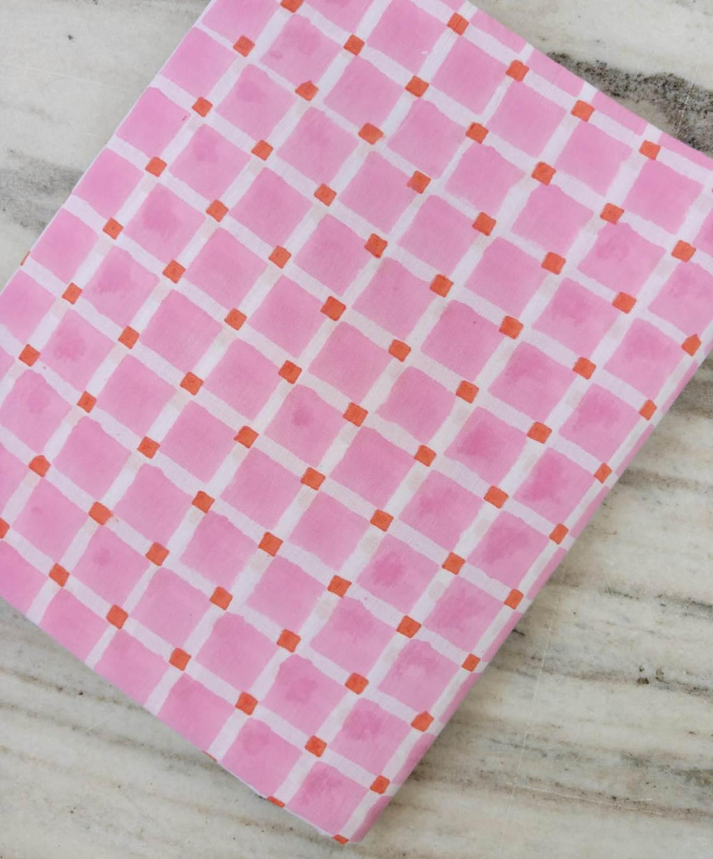 Patchwork Pink Gingham Cotton Fabric with Orange Accents, 100% Floral Indian Hand Block Print Fabric, Quilting Cotton, Loose Running Fabric