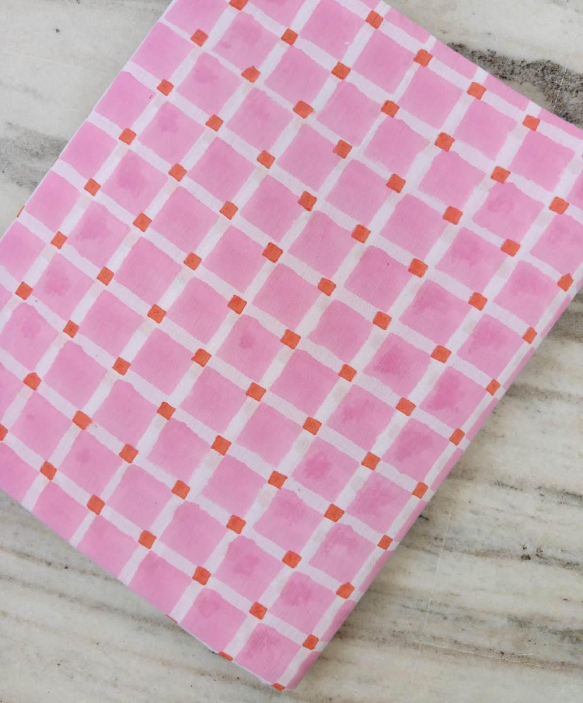 Patchwork Pink Gingham Cotton Fabric with Orange Accents, 100% Floral Indian Hand Block Print Fabric, Quilting Cotton, Loose Running Fabric