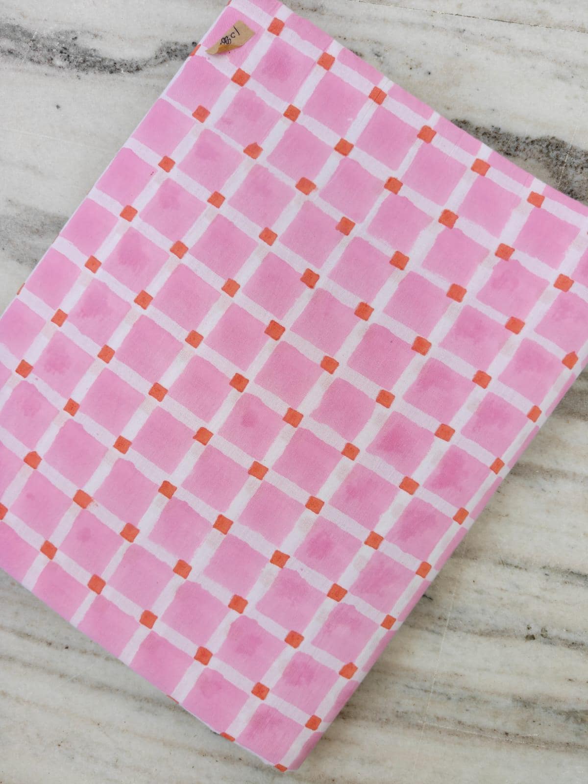 Patchwork Pink Gingham Cotton Fabric with Orange Accents, 100% Floral Indian Hand Block Print Fabric, Quilting Cotton, Loose Running Fabric