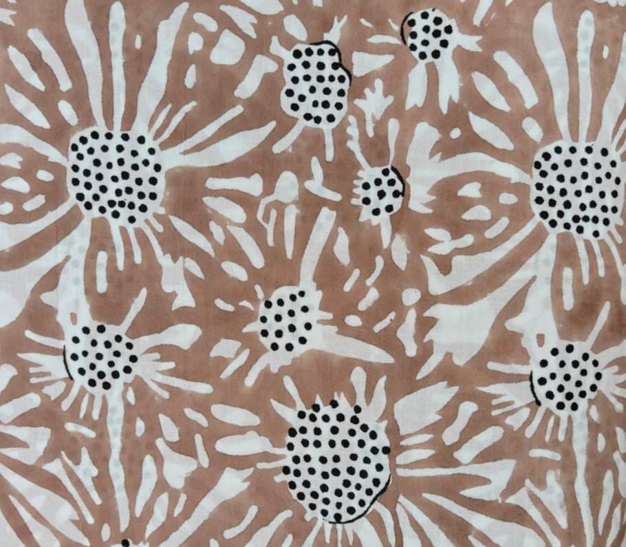 Beige Floral Cotton Fabric by the Yard, Hand Block Print Cotton Fabric, Daisy Flower Fabric for Sewing, Quilting, Dresses & Home Decor