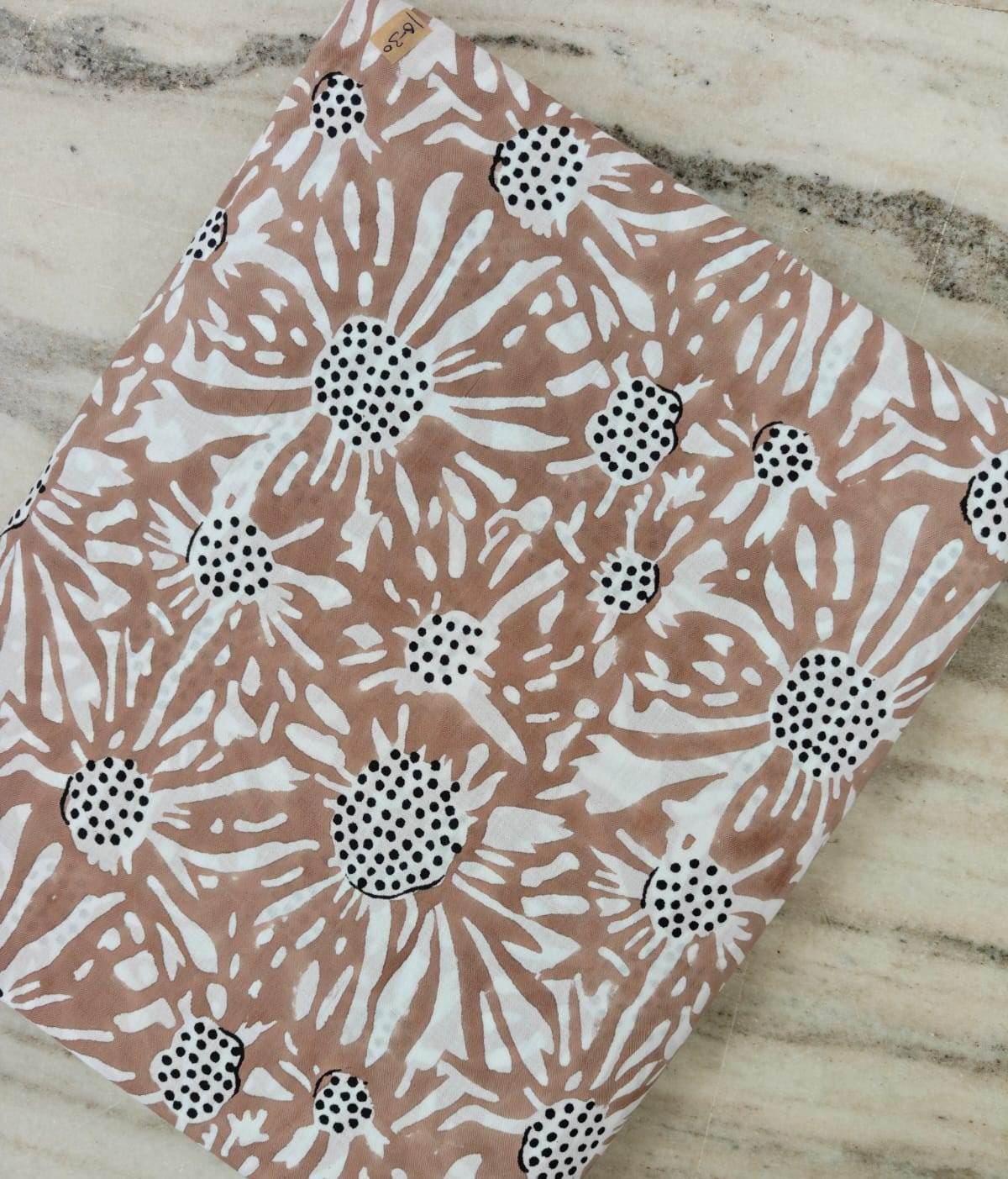 Beige Floral Cotton Fabric by the Yard, Hand Block Print Cotton Fabric, Daisy Flower Fabric for Sewing, Quilting, Dresses & Home Decor