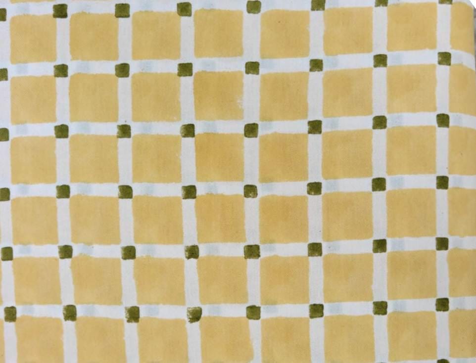 Mustard Yellow & Olive Green Gingham Cotton Fabric, Hand Block Print Checkered Fabric, Quilting Cotton, Sewing Craft Loose Running Fabric
