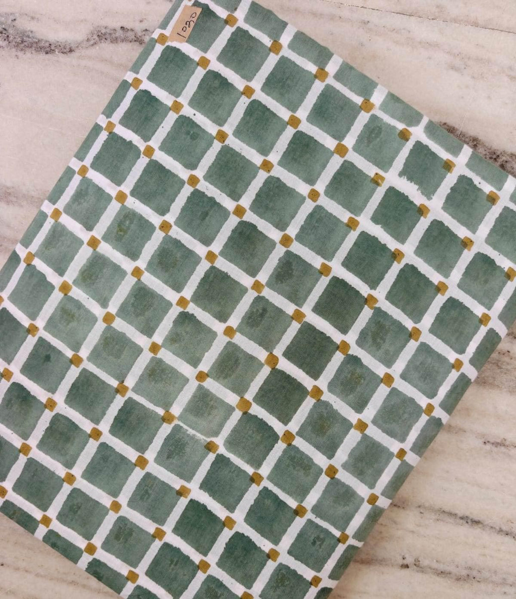 Sage Green & Mustard Gingham Cotton Fabric, Hand Block Print Checkered Fabric, Quilting Cotton, Sewing Craft Fabric, Loose Running Fabric