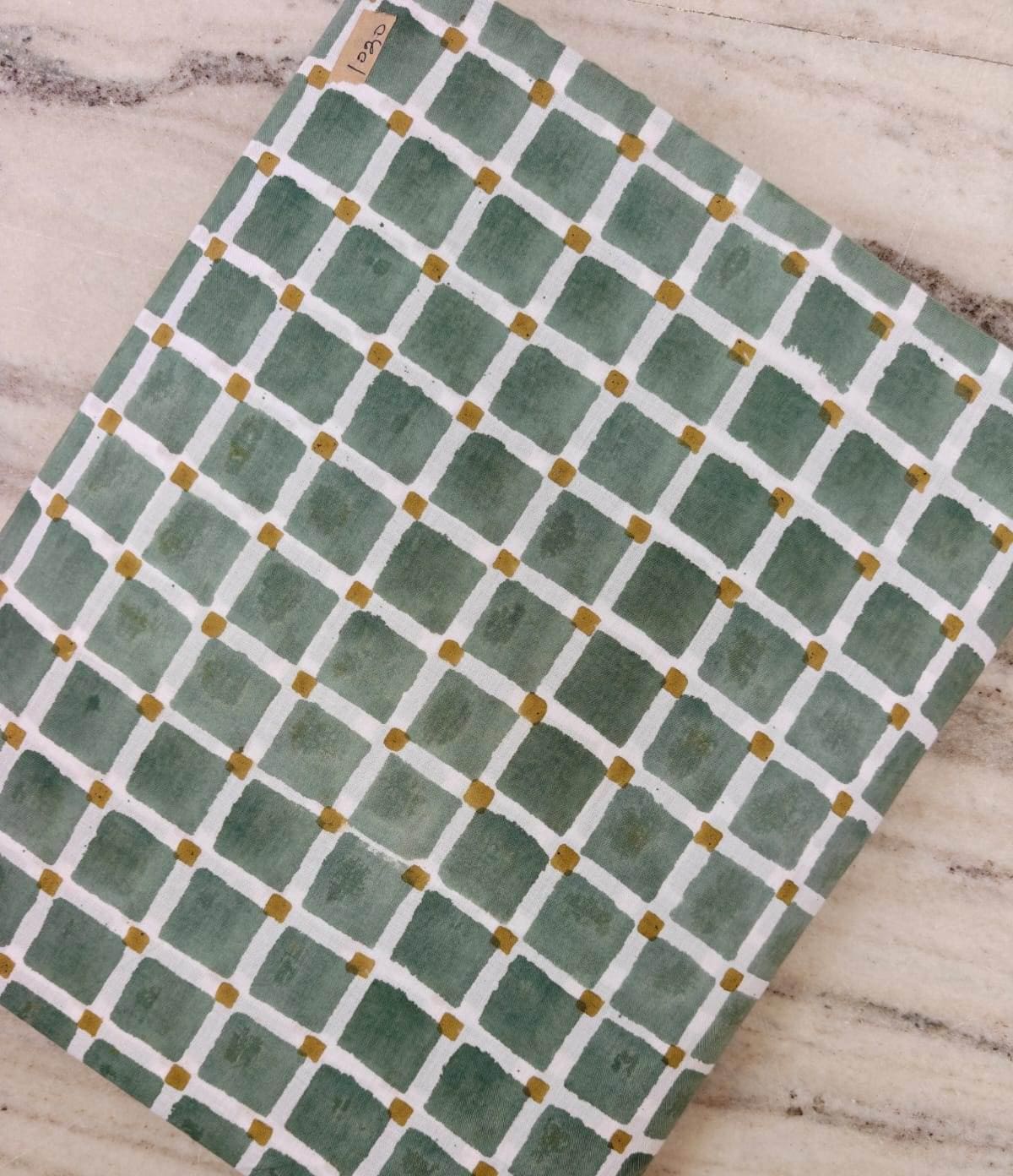 Sage Green & Mustard Gingham Cotton Fabric, Hand Block Print Checkered Fabric, Quilting Cotton, Sewing Craft Fabric, Loose Running Fabric