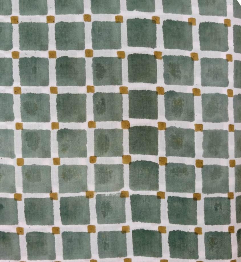 Sage Green & Mustard Gingham Cotton Fabric, Hand Block Print Checkered Fabric, Quilting Cotton, Sewing Craft Fabric, Loose Running Fabric