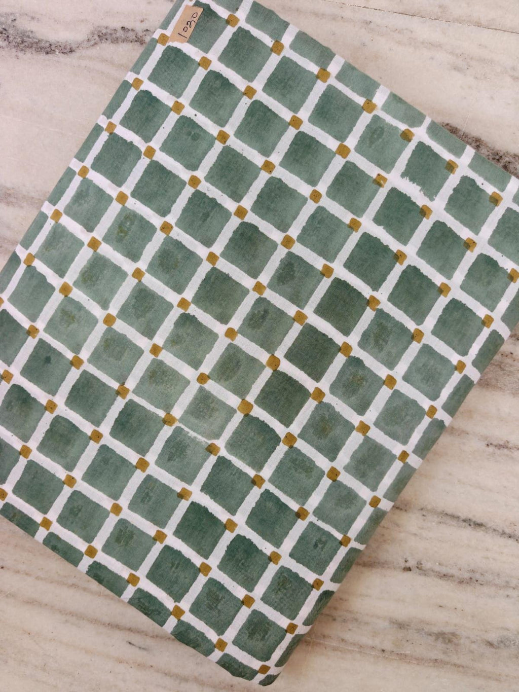 Sage Green & Mustard Gingham Cotton Fabric, Hand Block Print Checkered Fabric, Quilting Cotton, Sewing Craft Fabric, Loose Running Fabric