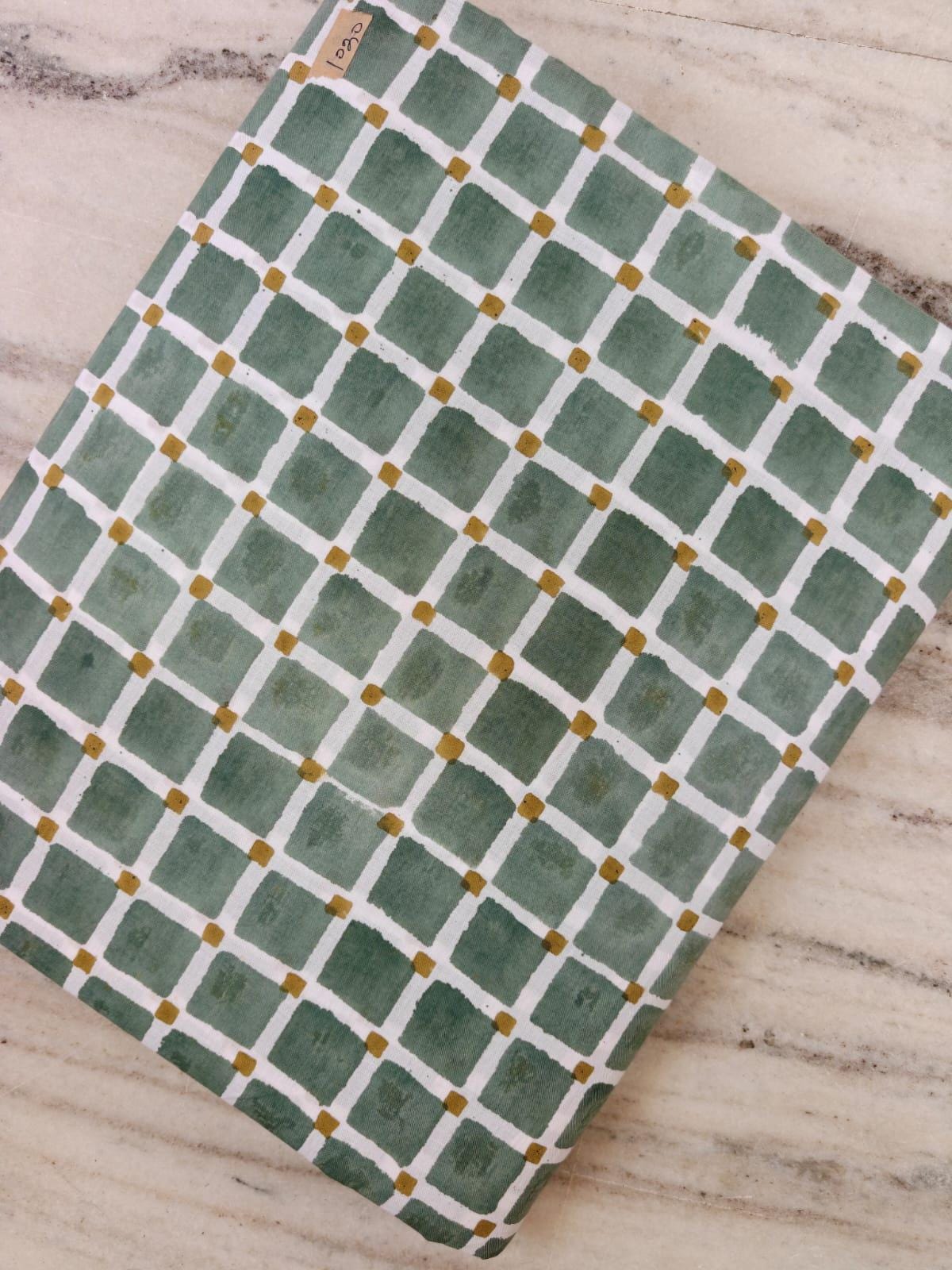 Sage Green & Mustard Gingham Cotton Fabric, Hand Block Print Checkered Fabric, Quilting Cotton, Sewing Craft Fabric, Loose Running Fabric
