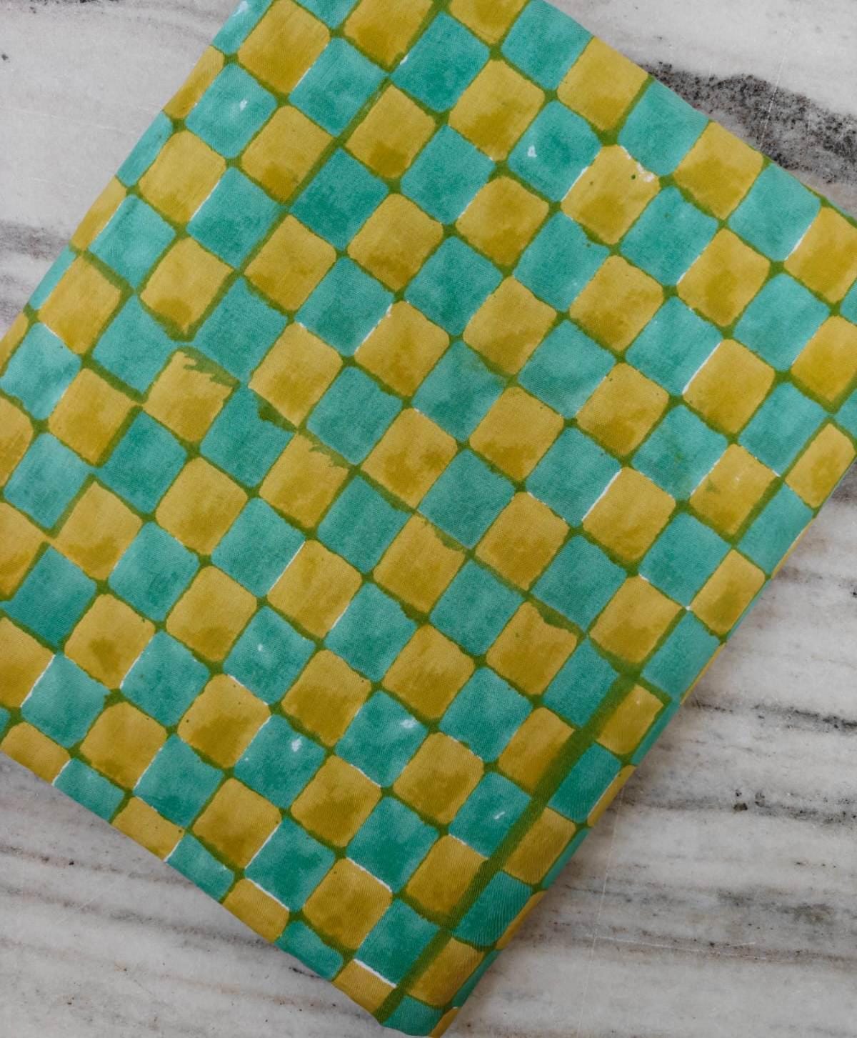 Indian Hand Block Print Fabric, Floral 100% Cotton Quilting Fabric By The Yard, Teal & Mustard Yellow Checkered Pattern, Geometric Textile