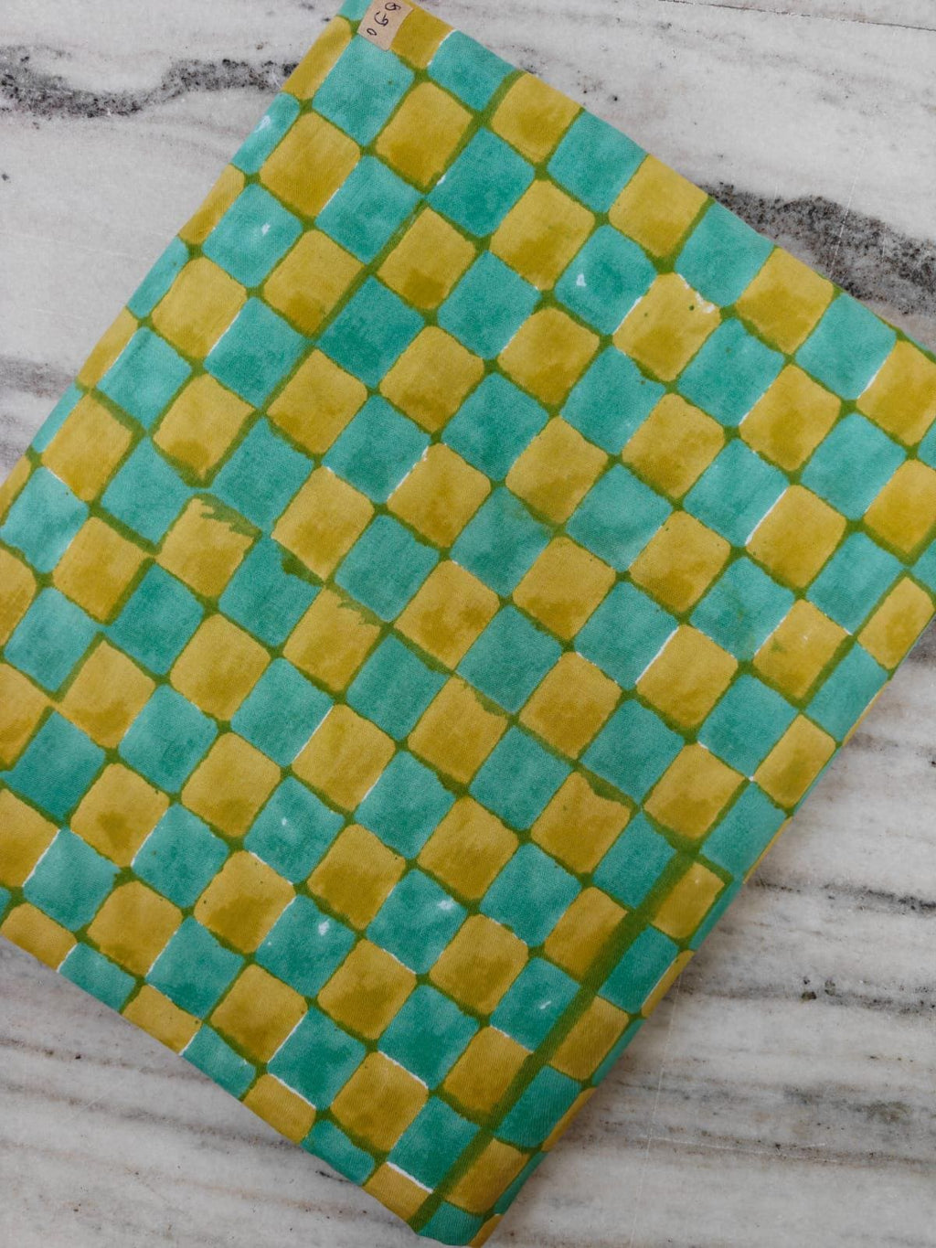 Indian Hand Block Print Fabric, Floral 100% Cotton Quilting Fabric By The Yard, Teal & Mustard Yellow Checkered Pattern, Geometric Textile