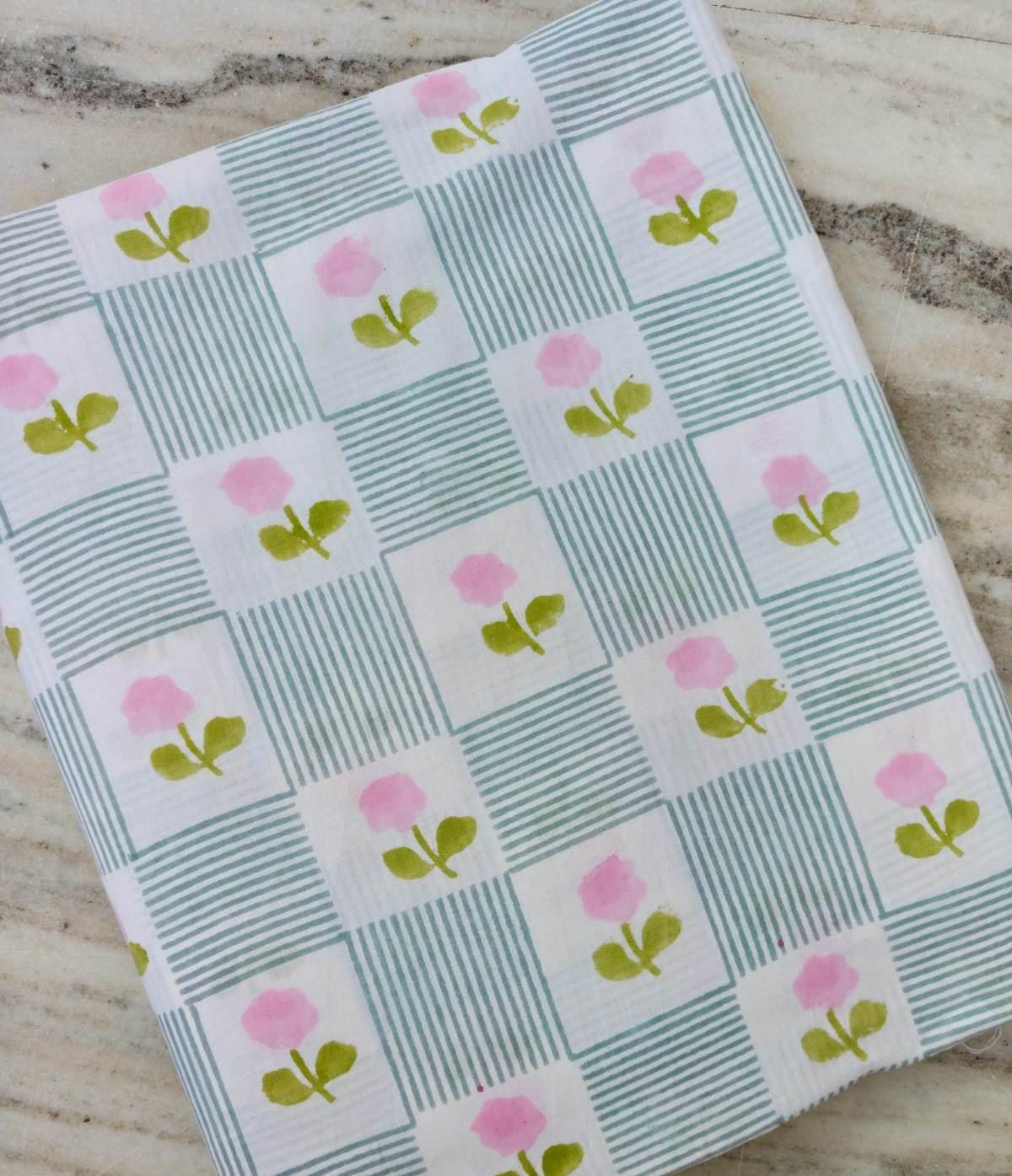 Pink Floral Cotton Fabric by the Yard, Blue Stripe Check Cotton Fabric, Cute Flower Print Fabric for Quilting, Sewing, Baby Crafts Fabric
