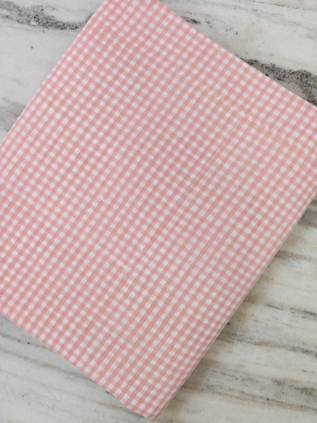 Pink Gingham Cotton Fabric, 100 % Floral Indian Soft Blush Pink & White Checkered Print Fabric, Sewing Quilting Cotton Textile, Loose Fabric