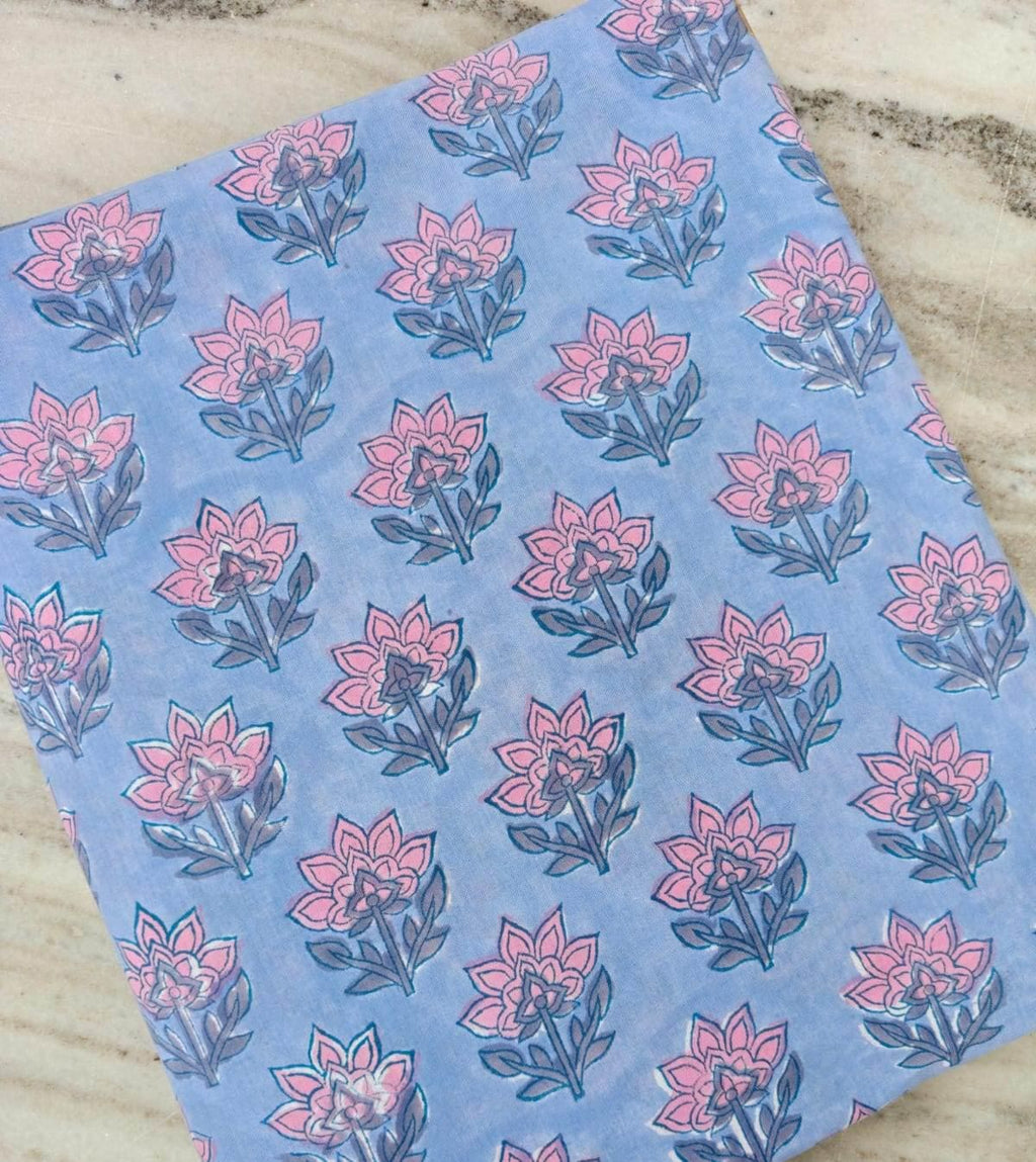 Blue Hand Block Print Cotton Fabric by the Yard, Pink Floral Indian Printed Fabric for Dressmaking, Soft Jaipur Cotton Loose Running Fabric
