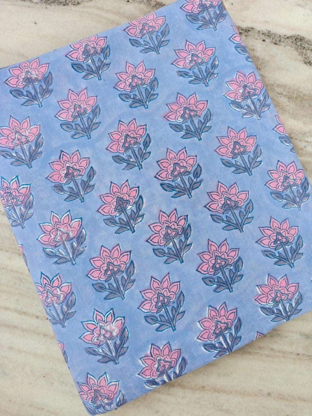 Blue Hand Block Print Cotton Fabric by the Yard, Pink Floral Indian Printed Fabric for Dressmaking, Soft Jaipur Cotton Loose Running Fabric