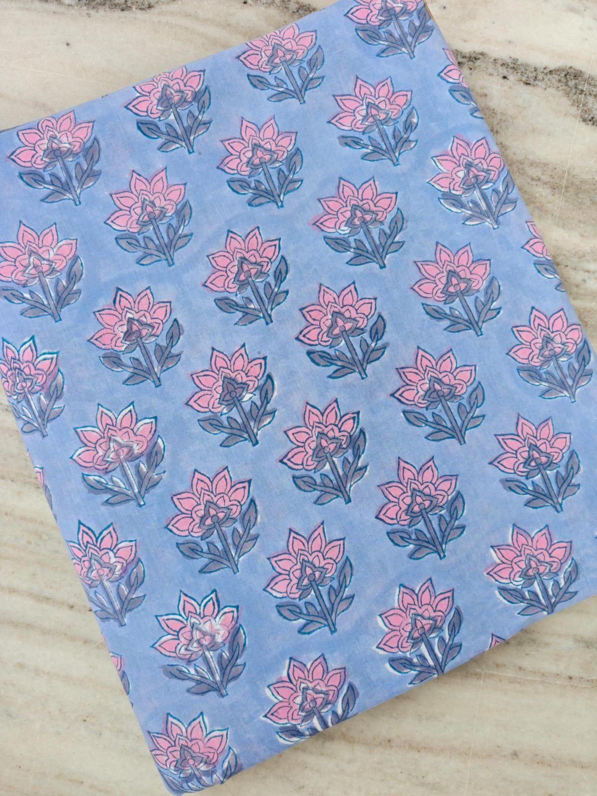 Blue Hand Block Print Cotton Fabric by the Yard, Pink Floral Indian Printed Fabric for Dressmaking, Soft Jaipur Cotton Loose Running Fabric