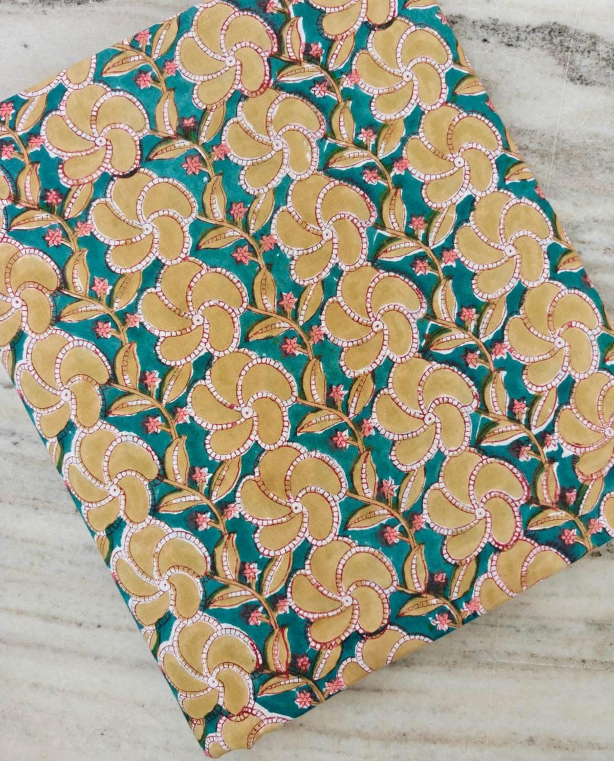 Teal Floral Cotton Fabric, Mustard Yellow Flower Print Fabric, Indian Cotton Fabric, Floral Sewing Fabric, Dressmaking Fabric, Loose Fabric