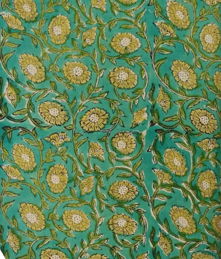 Teal Green Floral Cotton Fabric, Yellow Flower Print Fabric, Indian Cotton Fabric, Hand Block Print Fabric, Floral Fabric Dressmaking Fabric