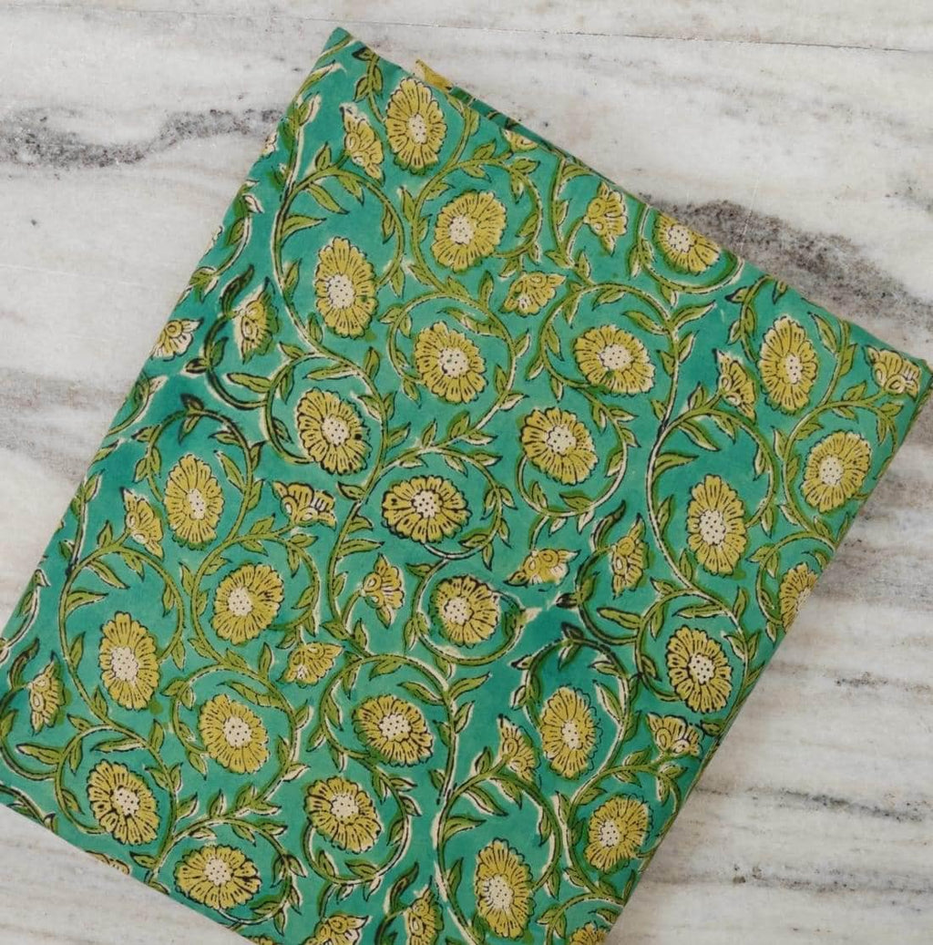 Teal Green Floral Cotton Fabric, Yellow Flower Print Fabric, Indian Cotton Fabric, Hand Block Print Fabric, Floral Fabric Dressmaking Fabric