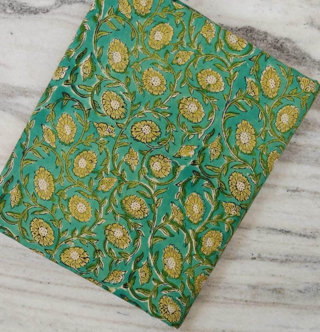 Teal Green Floral Cotton Fabric, Yellow Flower Print Fabric, Indian Cotton Fabric, Hand Block Print Fabric, Floral Fabric Dressmaking Fabric
