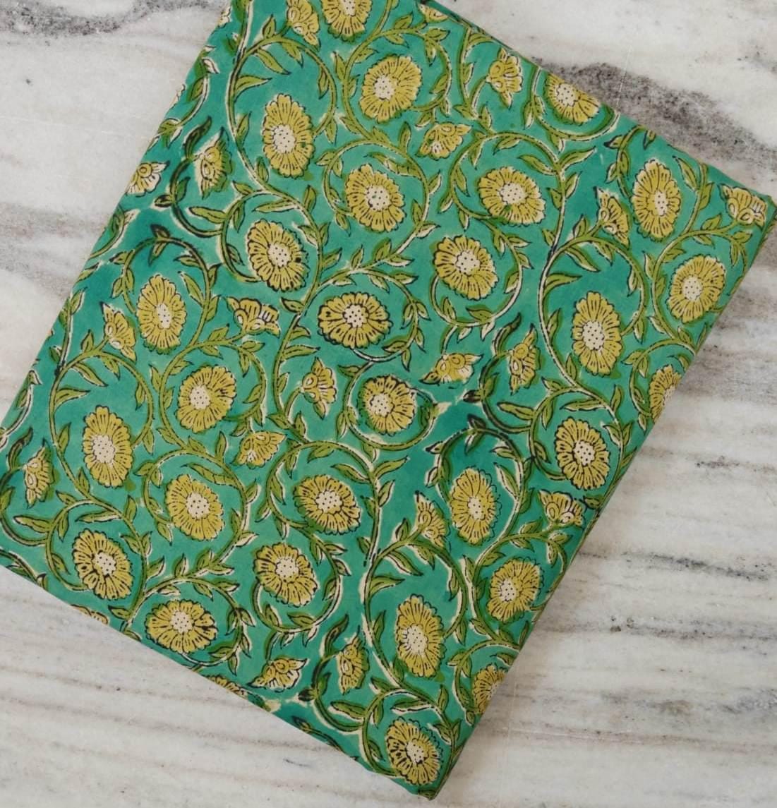 Teal Green Floral Cotton Fabric, Yellow Flower Print Fabric, Indian Cotton Fabric, Hand Block Print Fabric, Floral Fabric Dressmaking Fabric
