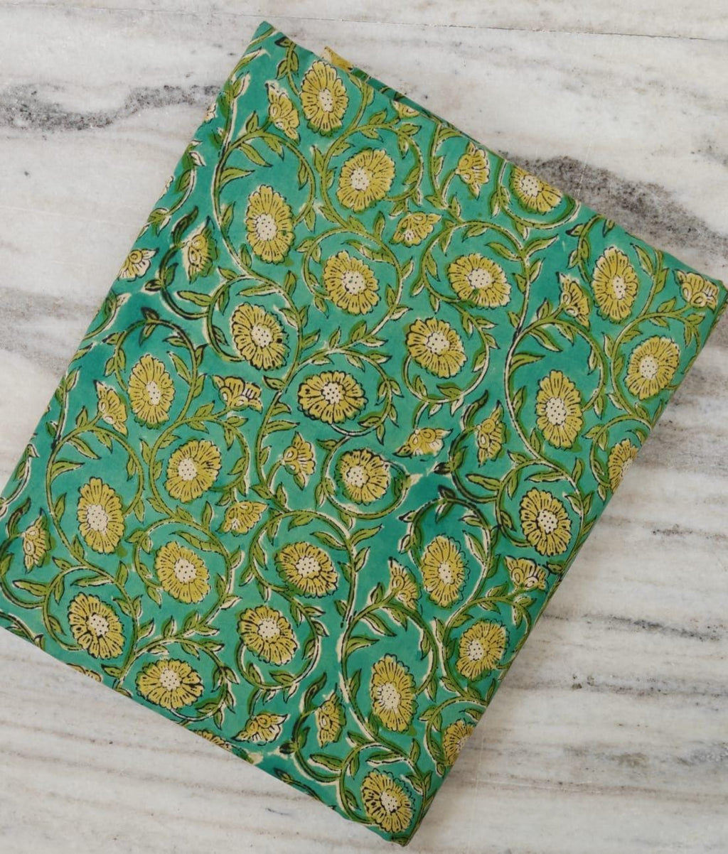Teal Green Floral Cotton Fabric, Yellow Flower Print Fabric, Indian Cotton Fabric, Hand Block Print Fabric, Floral Fabric Dressmaking Fabric
