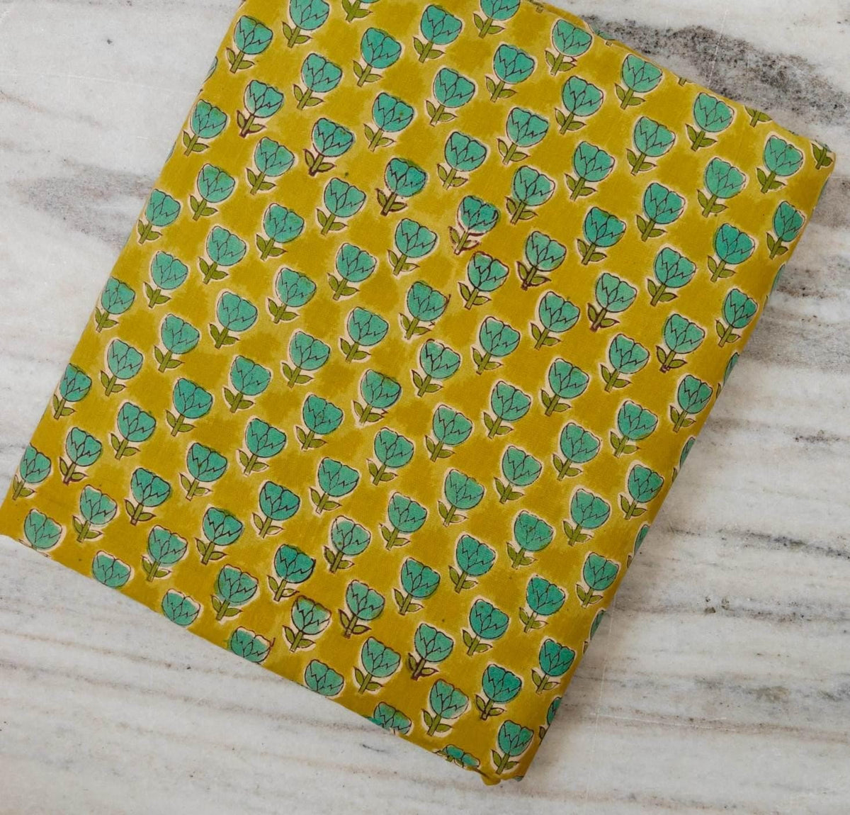 Mustard Yellow Cotton Fabric with Teal Floral Block Print Indian Hand Block Print Fabric Botanical Cotton Textile Quilting & Sewing Fabric