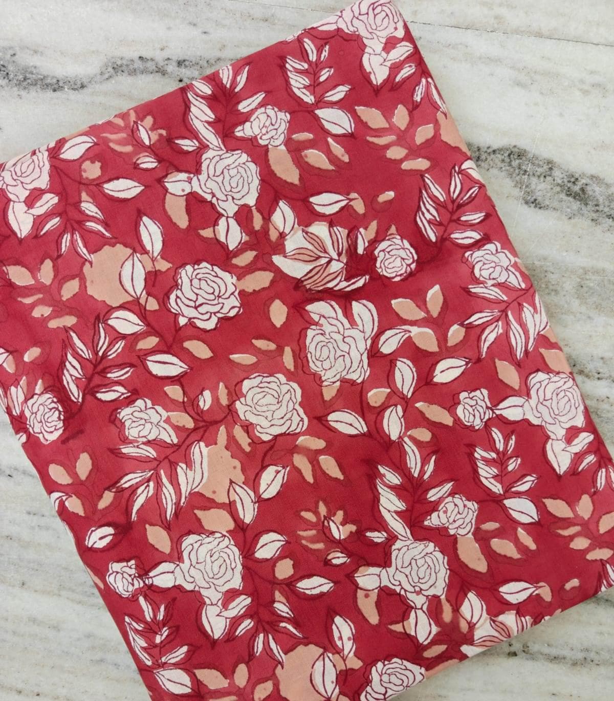 Red Floral Cotton Fabric with White Roses | Indian Floral Print Fabric | Peach & White Botanical Cotton Textile | Sewing Quilting Fabric