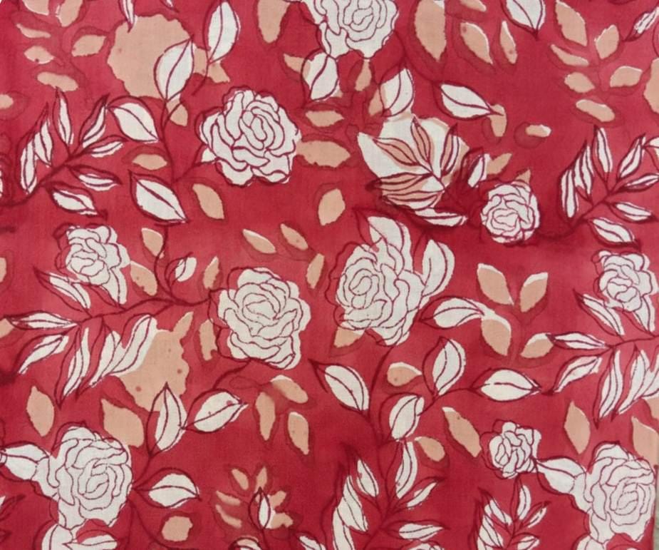 Red Floral Cotton Fabric with White Roses | Indian Floral Print Fabric | Peach & White Botanical Cotton Textile | Sewing Quilting Fabric
