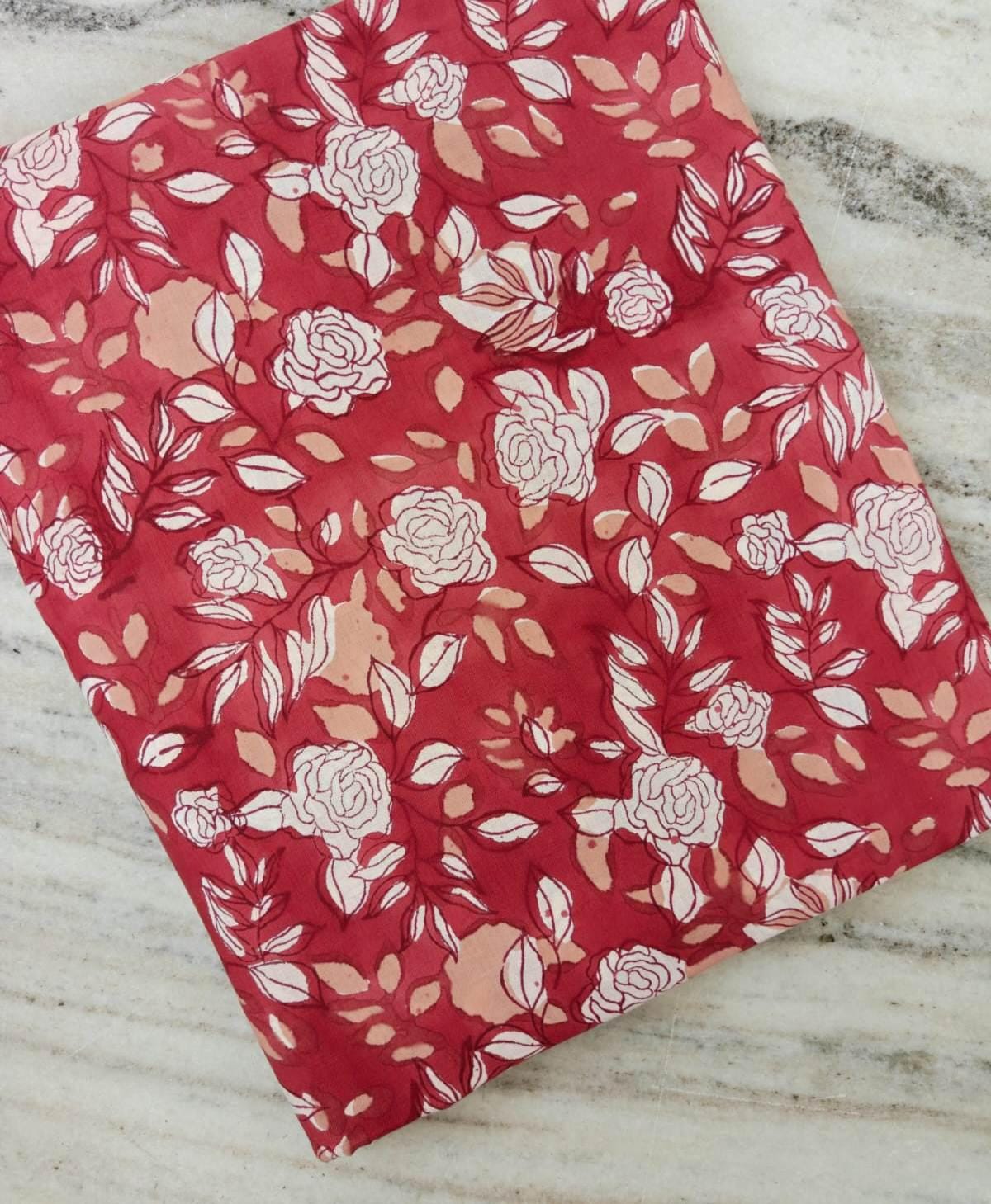 Red Floral Cotton Fabric with White Roses | Indian Floral Print Fabric | Peach & White Botanical Cotton Textile | Sewing Quilting Fabric