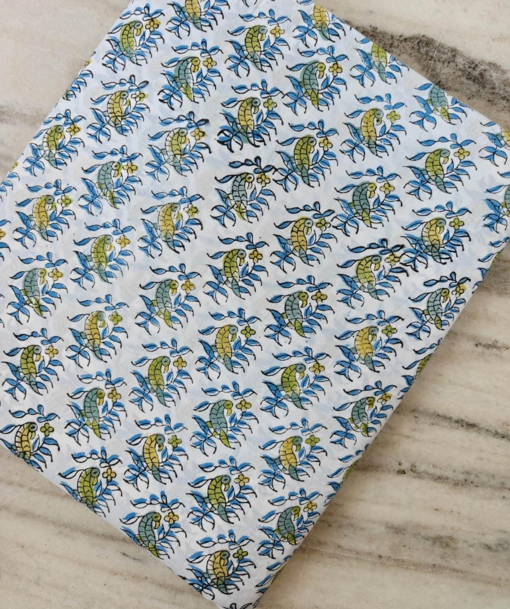 White Cotton Fabric with Parrot & Floral Print, Blue Green Bird Print Fabric, Indian Block Print Style Textile, Sewing  Quilting Fabric