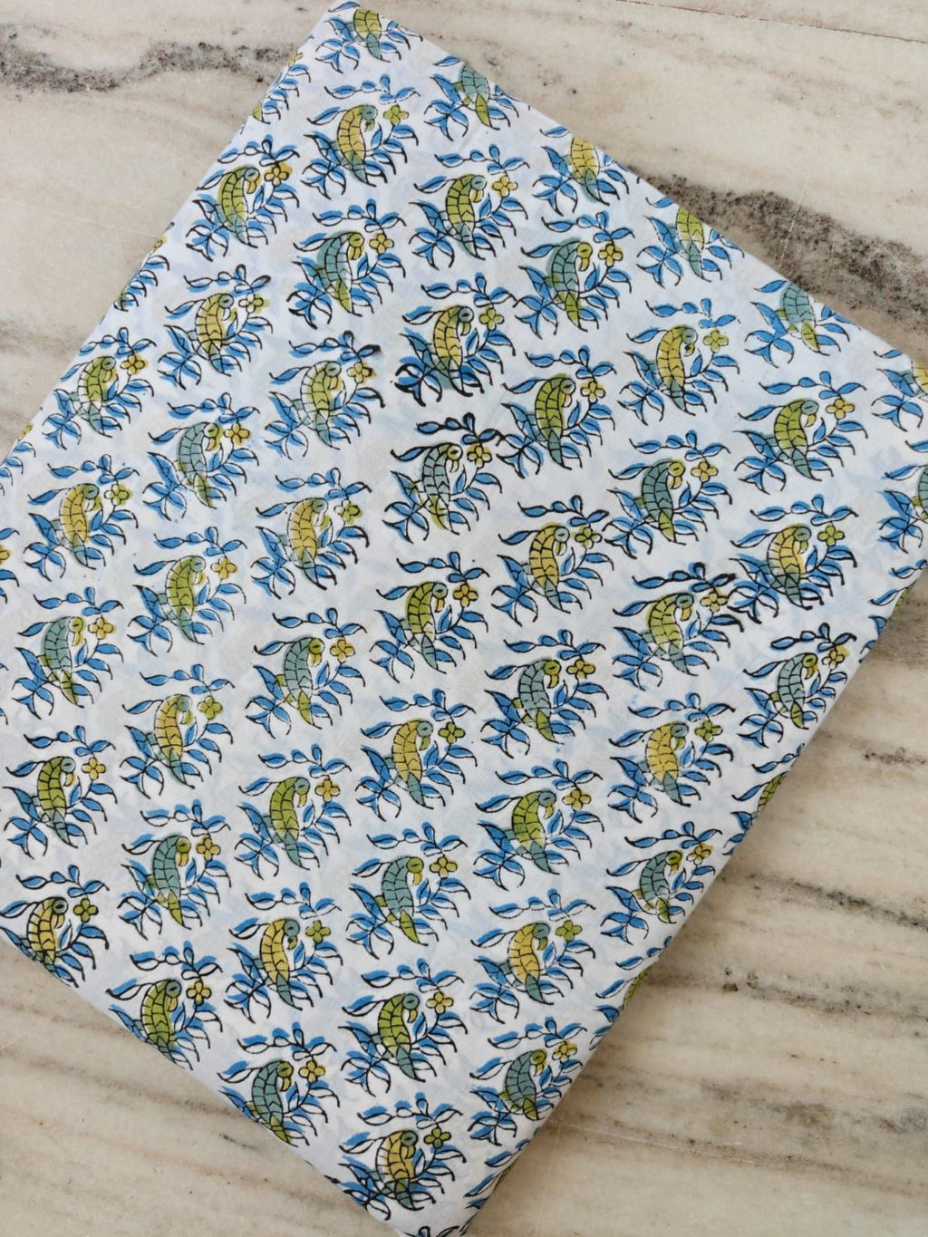 White Cotton Fabric with Parrot & Floral Print, Blue Green Bird Print Fabric, Indian Block Print Style Textile, Sewing  Quilting Fabric