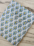 White Cotton Fabric with Parrot & Floral Print, Blue Green Bird Print Fabric, Indian Block Print Style Textile, Sewing  Quilting Fabric