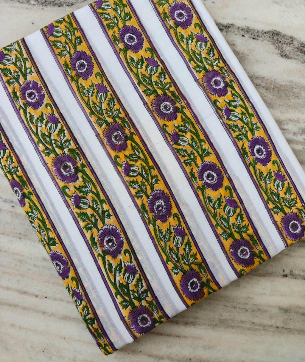 Floral Stripe Cotton Fabric, Purple Flower Print on Yellow & White, Indian Block Print Style Fabric, Botanical Textile, Sewing Fabric