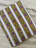Floral Stripe Cotton Fabric, Purple Flower Print on Yellow & White, Indian Block Print Style Fabric, Botanical Textile, Sewing Fabric