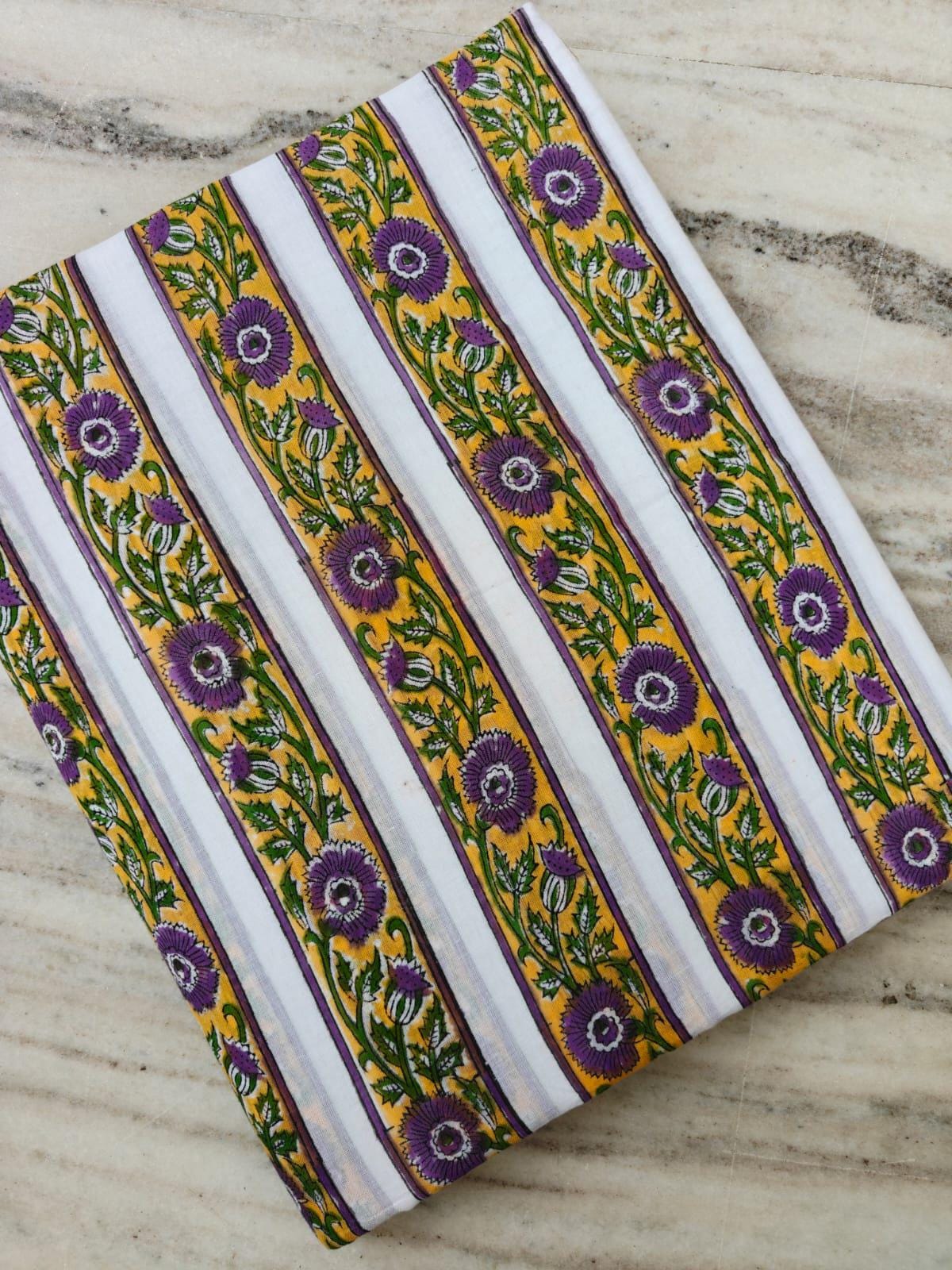 Floral Stripe Cotton Fabric, Purple Flower Print on Yellow & White, Indian Block Print Style Fabric, Botanical Textile, Sewing Fabric
