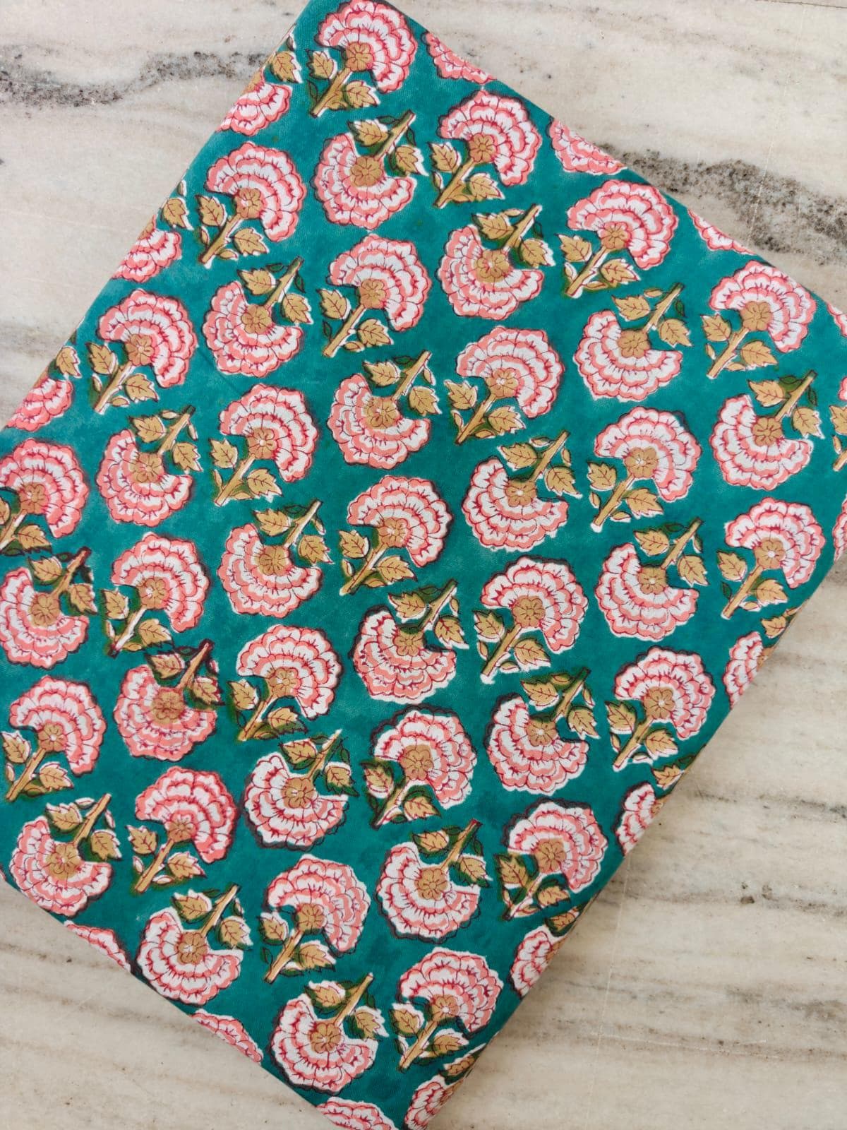 Teal Cotton Fabric, Floral Block Print Fabric, Pink Rose Cotton Textile, Indian Hand Block Print, Sewing & Craft Fabric, Loose Fabric