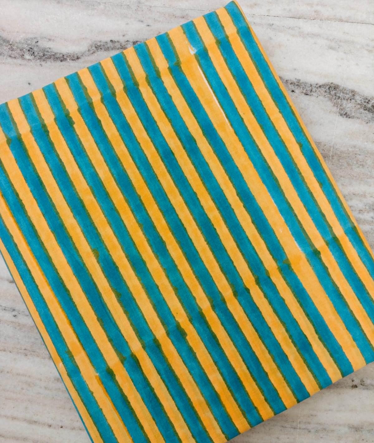 Turquoise Yellow Cotton Fabric, Striped Block Print Fabric, Teal Mustard Cotton Textile, Indian Hand Block Print, Sewing Fabric, Napkins