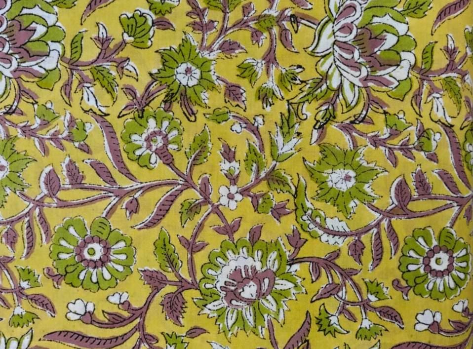 Mustard Yellow Floral Cotton Fabric | Indian Block Print Fabric | Botanical Floral Textile | Dressmaking, Quilting & Craft Fabric | Napkins