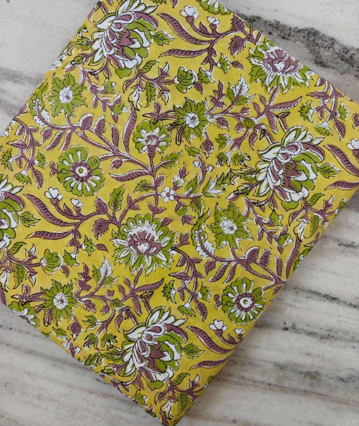 Mustard Yellow Floral Cotton Fabric | Indian Block Print Fabric | Botanical Floral Textile | Dressmaking, Quilting & Craft Fabric | Napkins