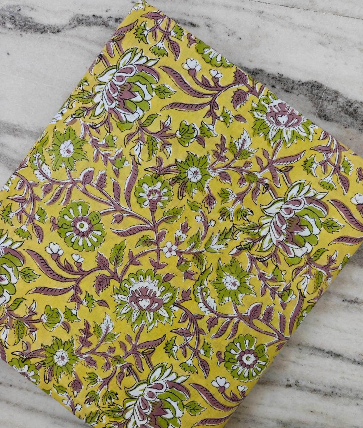 Mustard Yellow Floral Cotton Fabric | Indian Block Print Fabric | Botanical Floral Textile | Dressmaking, Quilting & Craft Fabric | Napkins