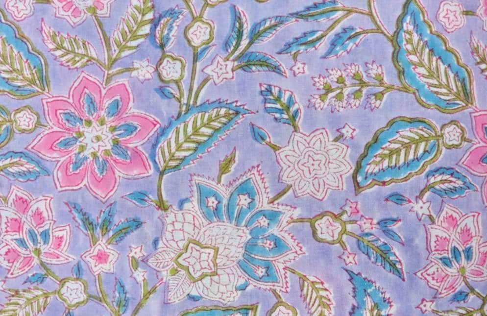 Lavender Floral Cotton Fabric, Pink Blue Green Botanical Print, Indian Inspired Fabric by the Yard, Quilting & Sewing Fabric, Loose Fabric