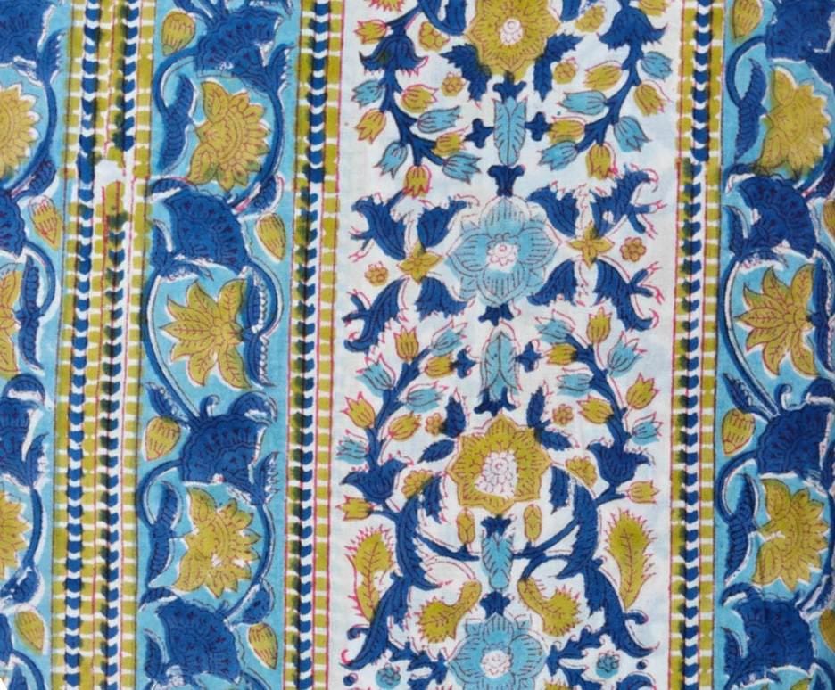 Blue Floral Block Print Cotton Fabric, Indian Cotton Fabric, Floral Stripe Fabric, Traditional Textile, Quilting Fabric, Sewing Fabric