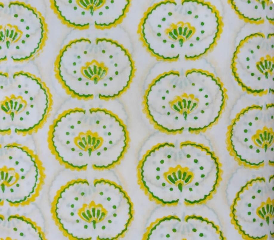 Green Yellow Floral Cotton Fabric, 100 % Flora Indian Hand Block Print Fabric by the Yard, White Floral Textile, Quilting Loose Fabric