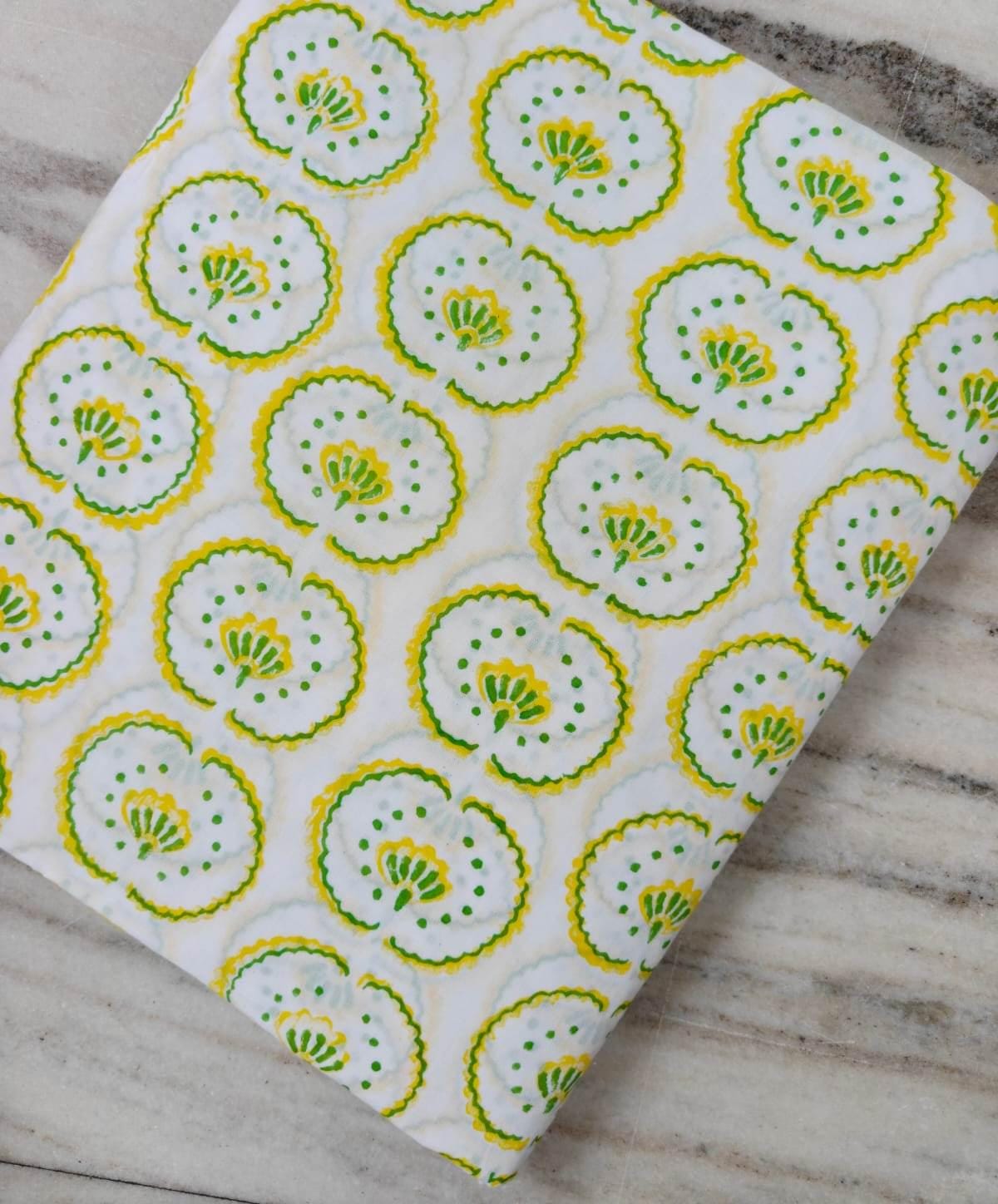 Green Yellow Floral Cotton Fabric, 100 % Flora Indian Hand Block Print Fabric by the Yard, White Floral Textile, Quilting Loose Fabric