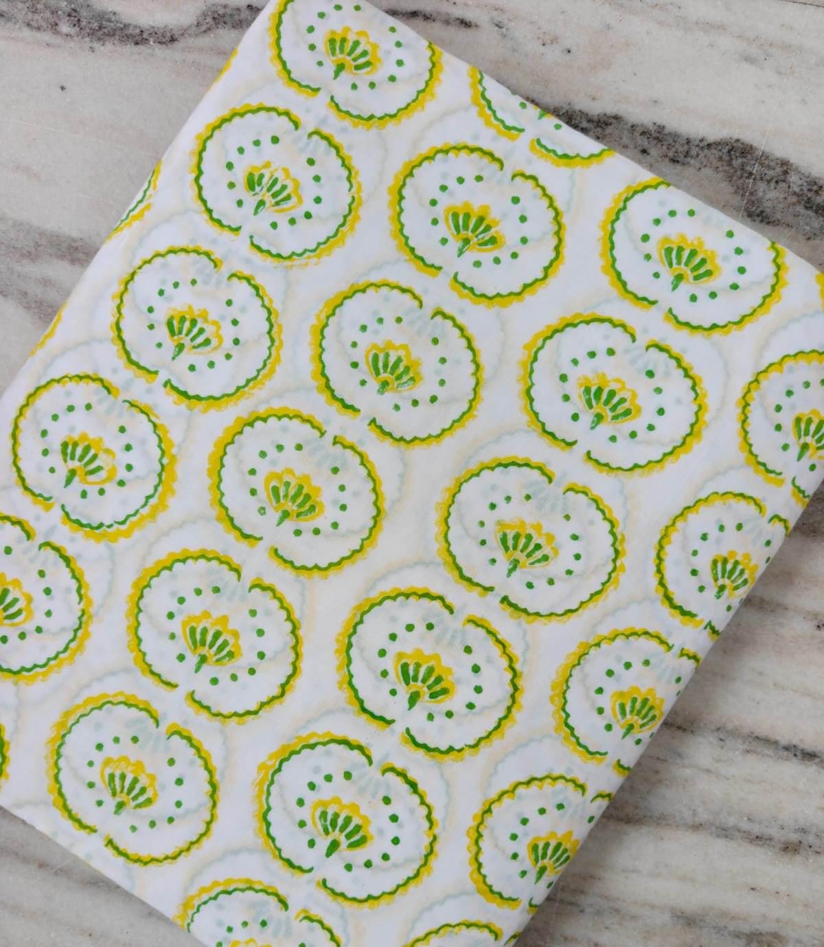 Green Yellow Floral Cotton Fabric, 100 % Flora Indian Hand Block Print Fabric by the Yard, White Floral Textile, Quilting Loose Fabric