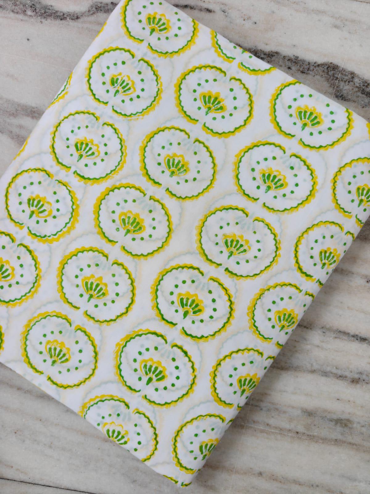 Green Yellow Floral Cotton Fabric, 100 % Flora Indian Hand Block Print Fabric by the Yard, White Floral Textile, Quilting Loose Fabric