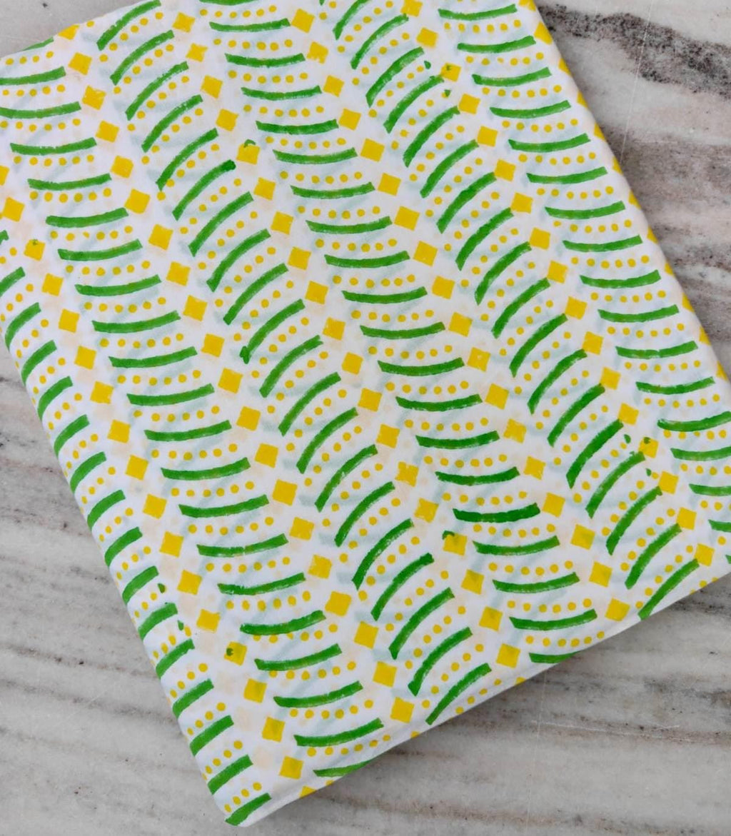 Cotton Fabric by the Yard, Green & Yellow Geometric Print, Hand Block Print Style Fabric, Modern Cotton Fabric, Sewing Quilting, Napkins