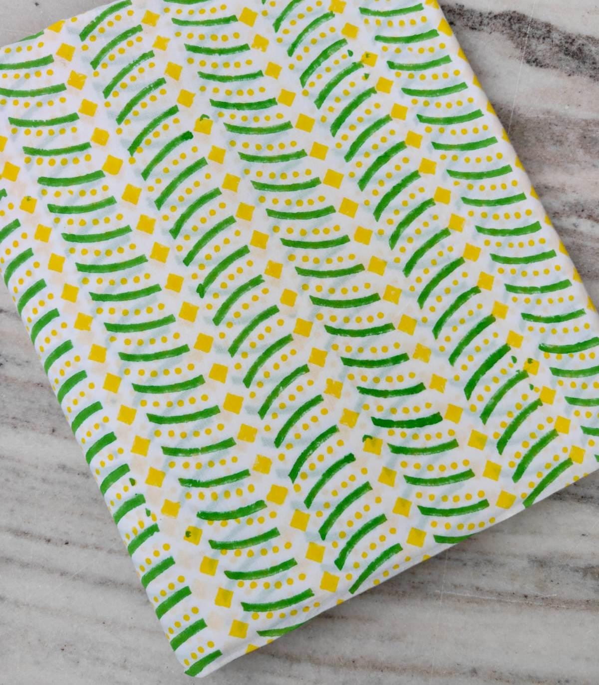 Cotton Fabric by the Yard, Green & Yellow Geometric Print, Hand Block Print Style Fabric, Modern Cotton Fabric, Sewing Quilting, Napkins