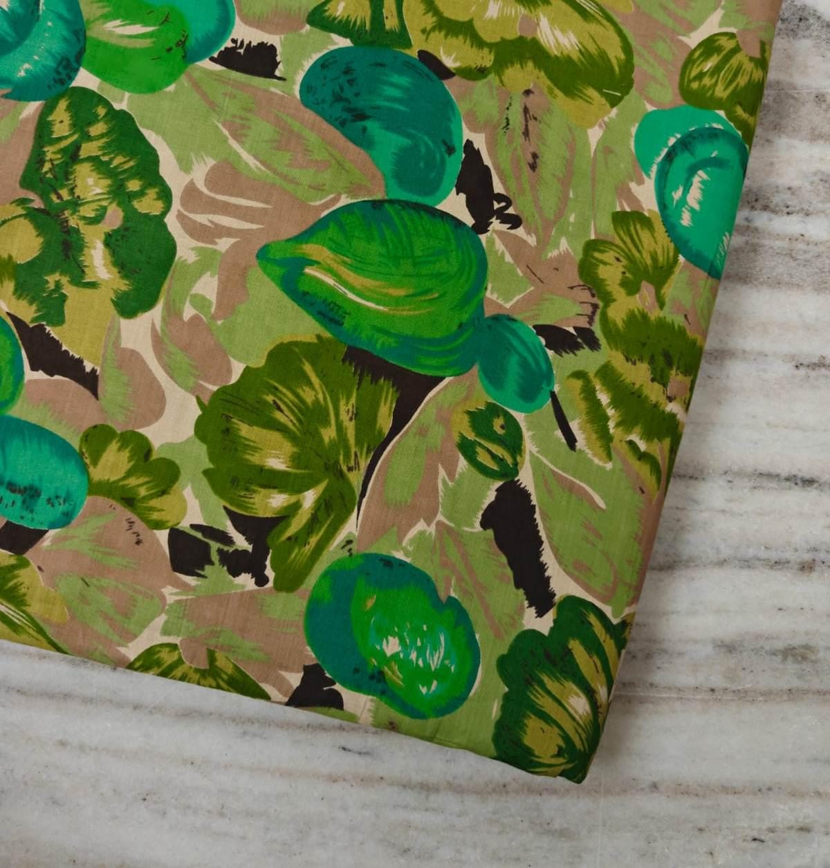 Green Tropical Leaf Print Cotton Fabric | Teal & Olive Botanical Fabric | Tropical Sewing Fabric | Quilting Apparel Material | Loose Fabric
